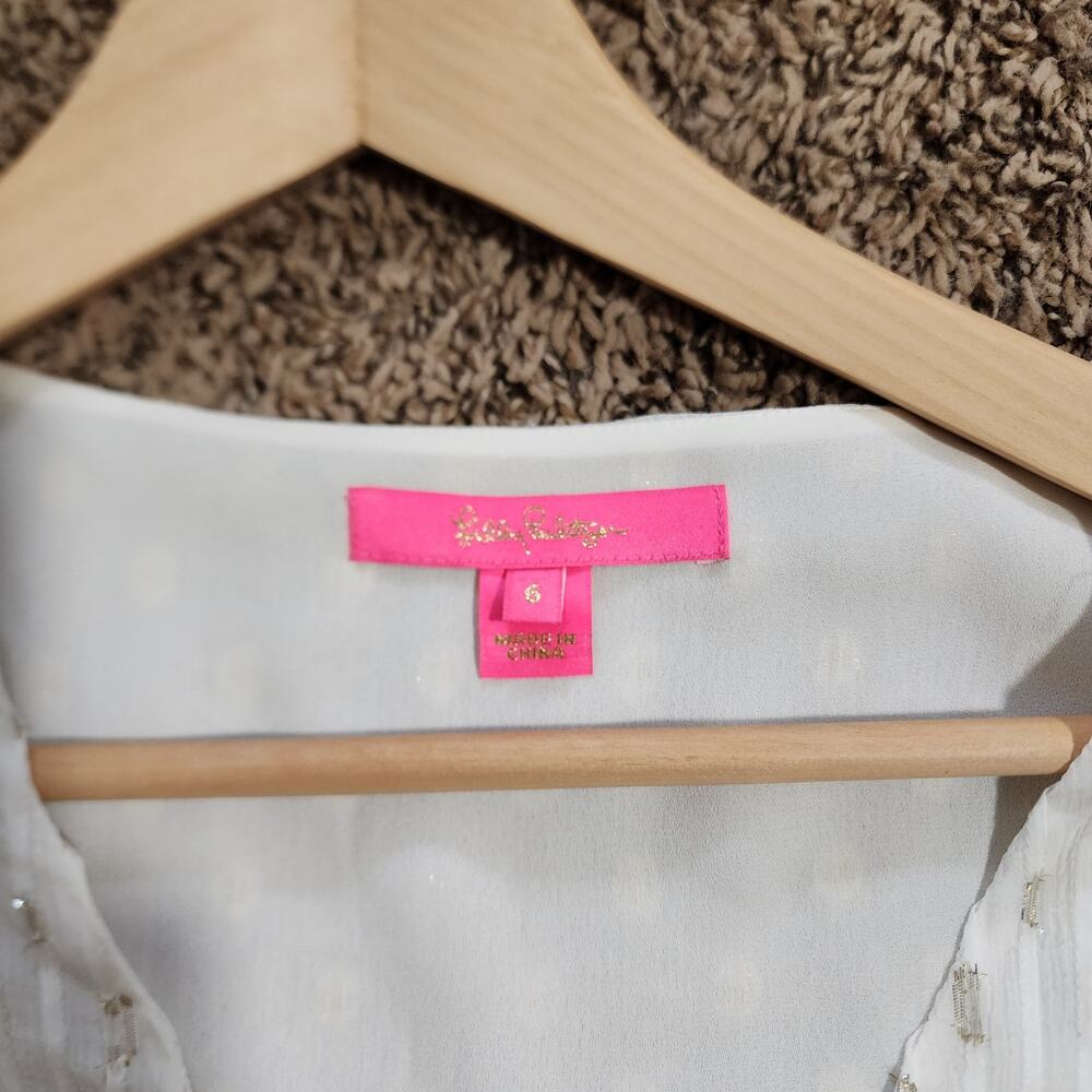 Lilly Pulitzer Ivory Gold Metallic Silk Relaxed Fit Blouse Pleated V-Neck Small - Picture 7 of 10